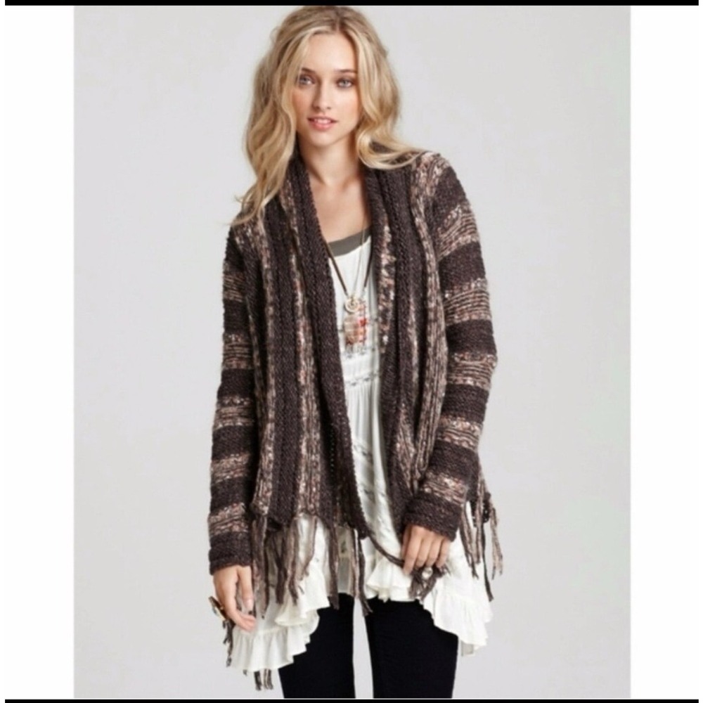Free People Womens Brown Striped Fringe Chunky Open Knit Cardigan Sweater Size L